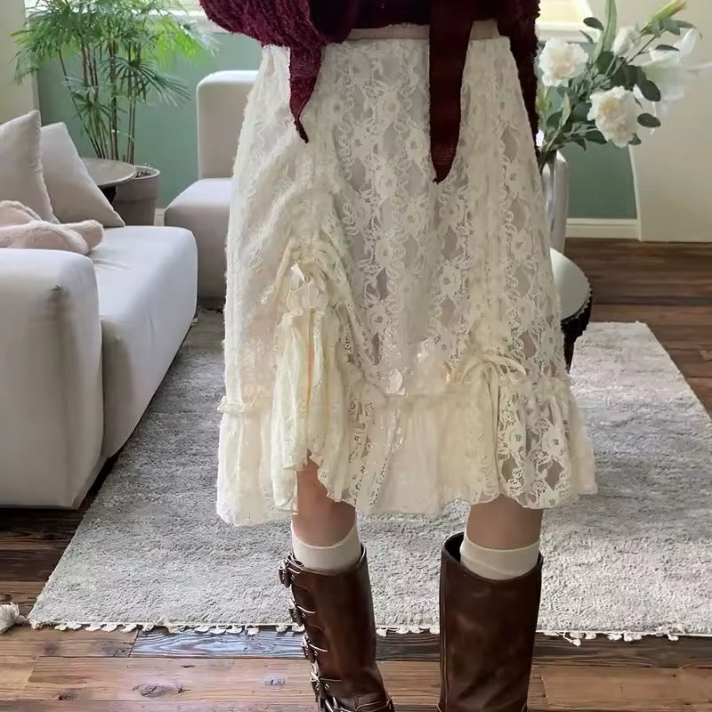 Y2K aesthetic low-rise lace bandage skirt with ruffle details
