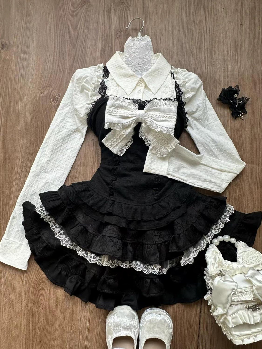 Y2K aesthetic two-piece set with sweet lace and gothic touches