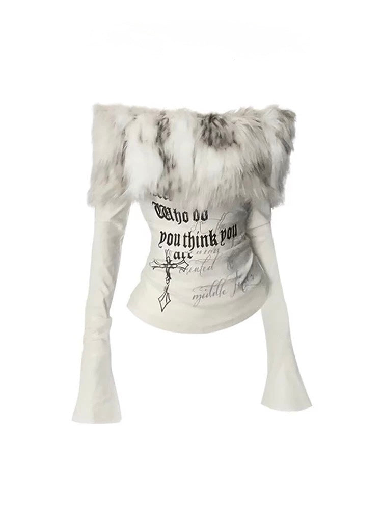 y2k emo off shoulder fur crop top for women with print
