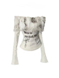y2k emo off shoulder fur crop top for women with print
