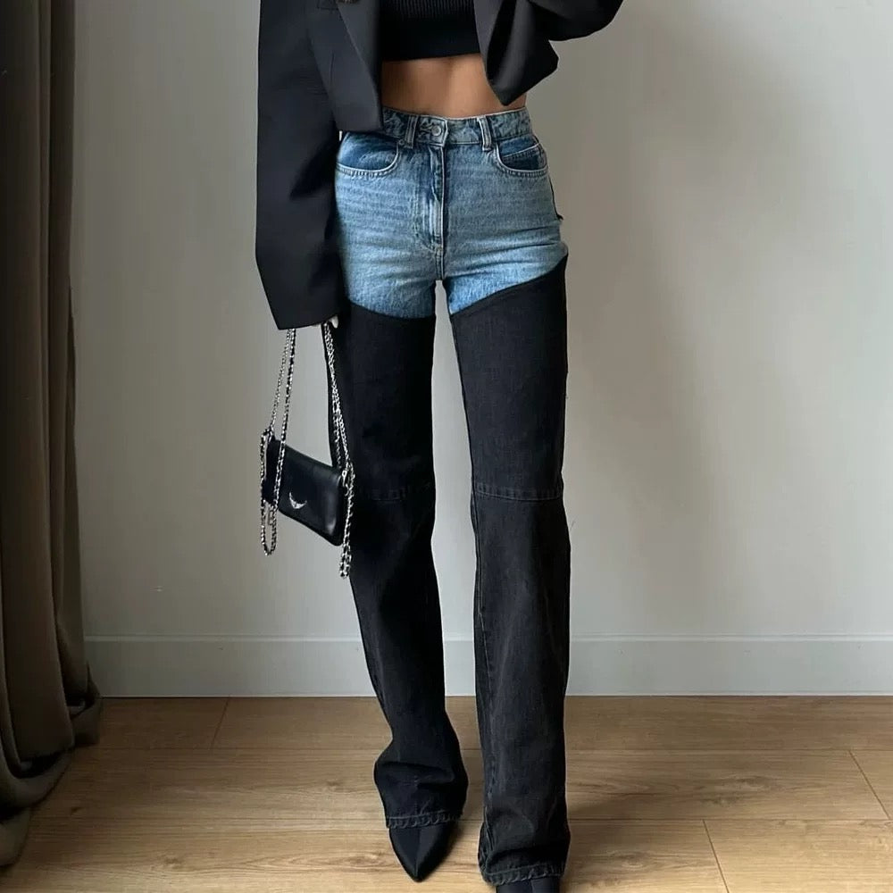 High waist Y2K patchwork jeans for women with contrast spliced panels and zipper pocket details, retro streetwear design for 2025 fashion trends