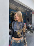 Y2K patchwork mesh shirt styled with cargo pants