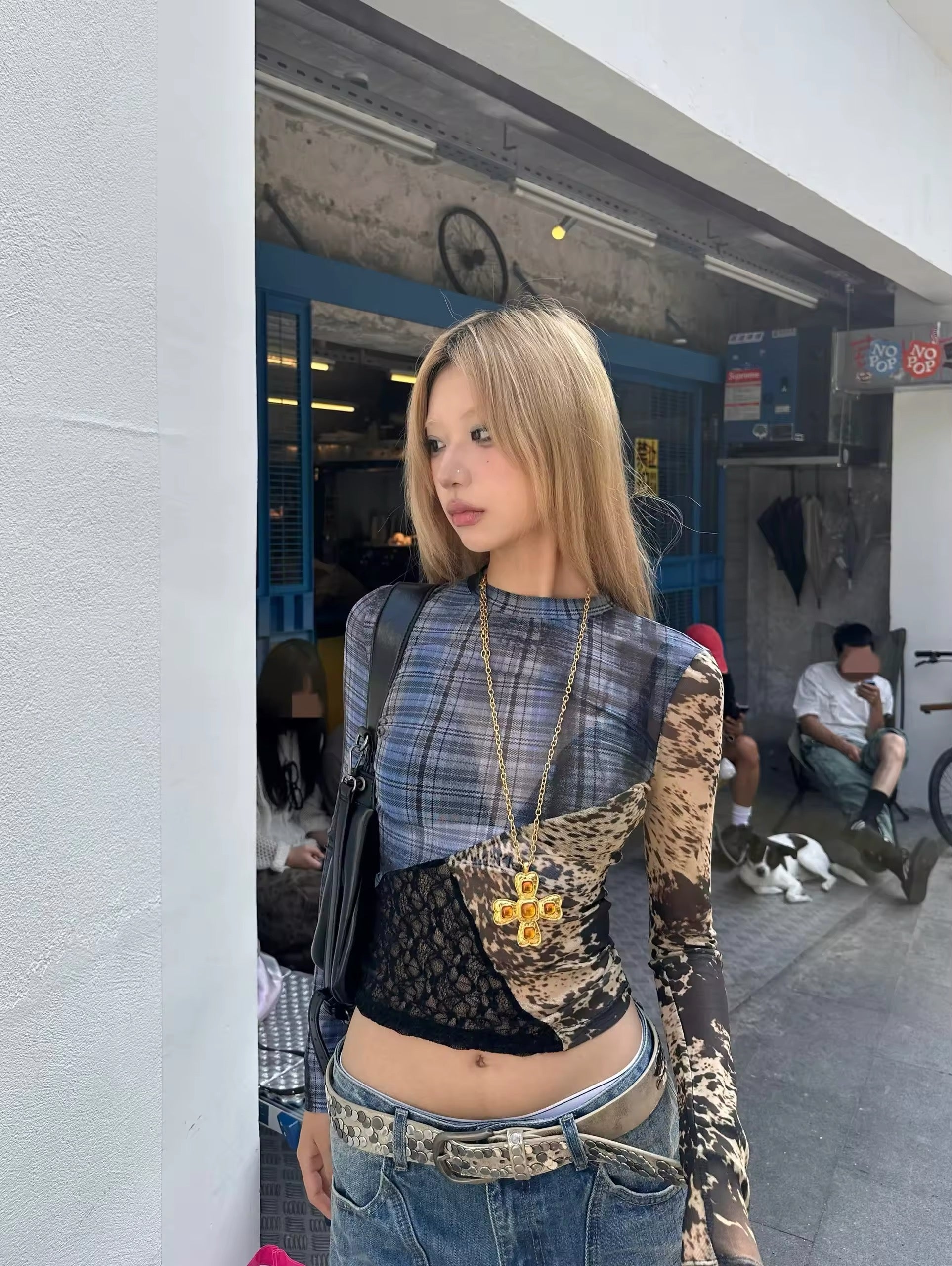 Y2K patchwork mesh shirt styled with cargo pants