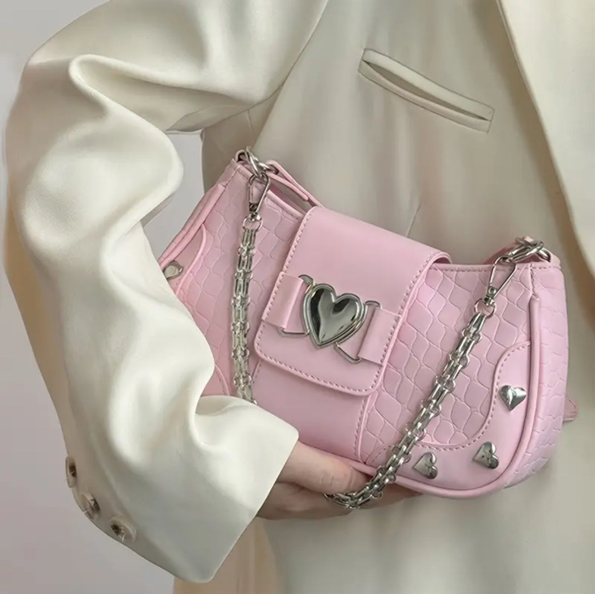 Pink Y2K shoulder bag with heart charm and crocodile texture