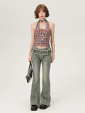Front view of Y2K plaid mesh halter crop top with backless design and slim fit