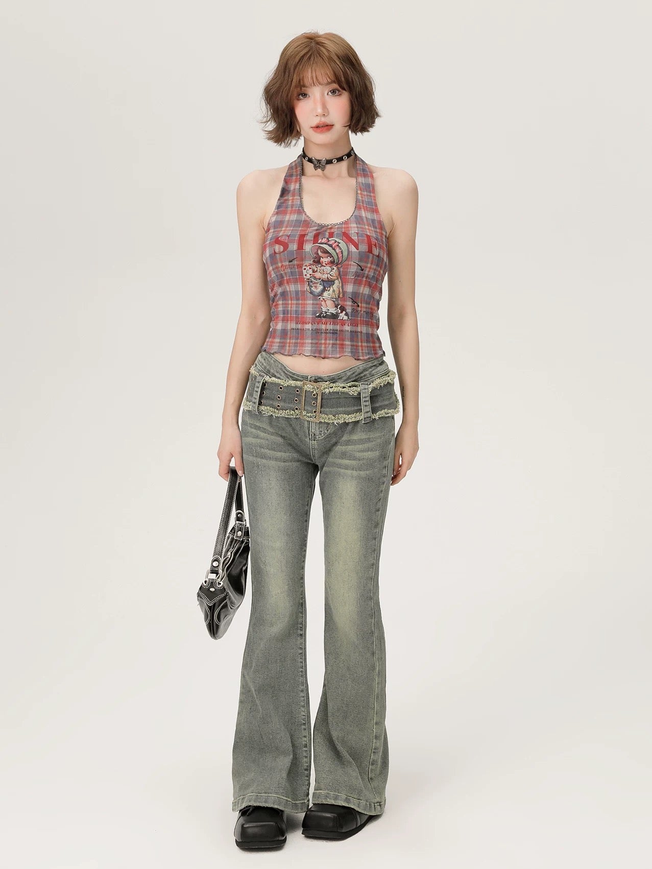 Front view of Y2K plaid mesh halter crop top with backless design and slim fit