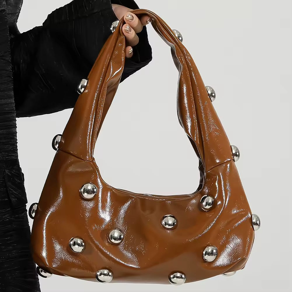 Chic rivet shoulder bag in glossy red PU leather