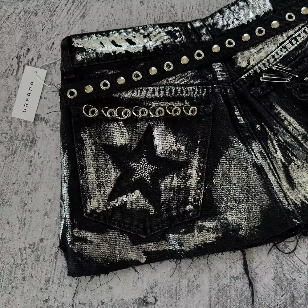 Low waist gothic skirt with vintage wash and stylish safety pin decorations
