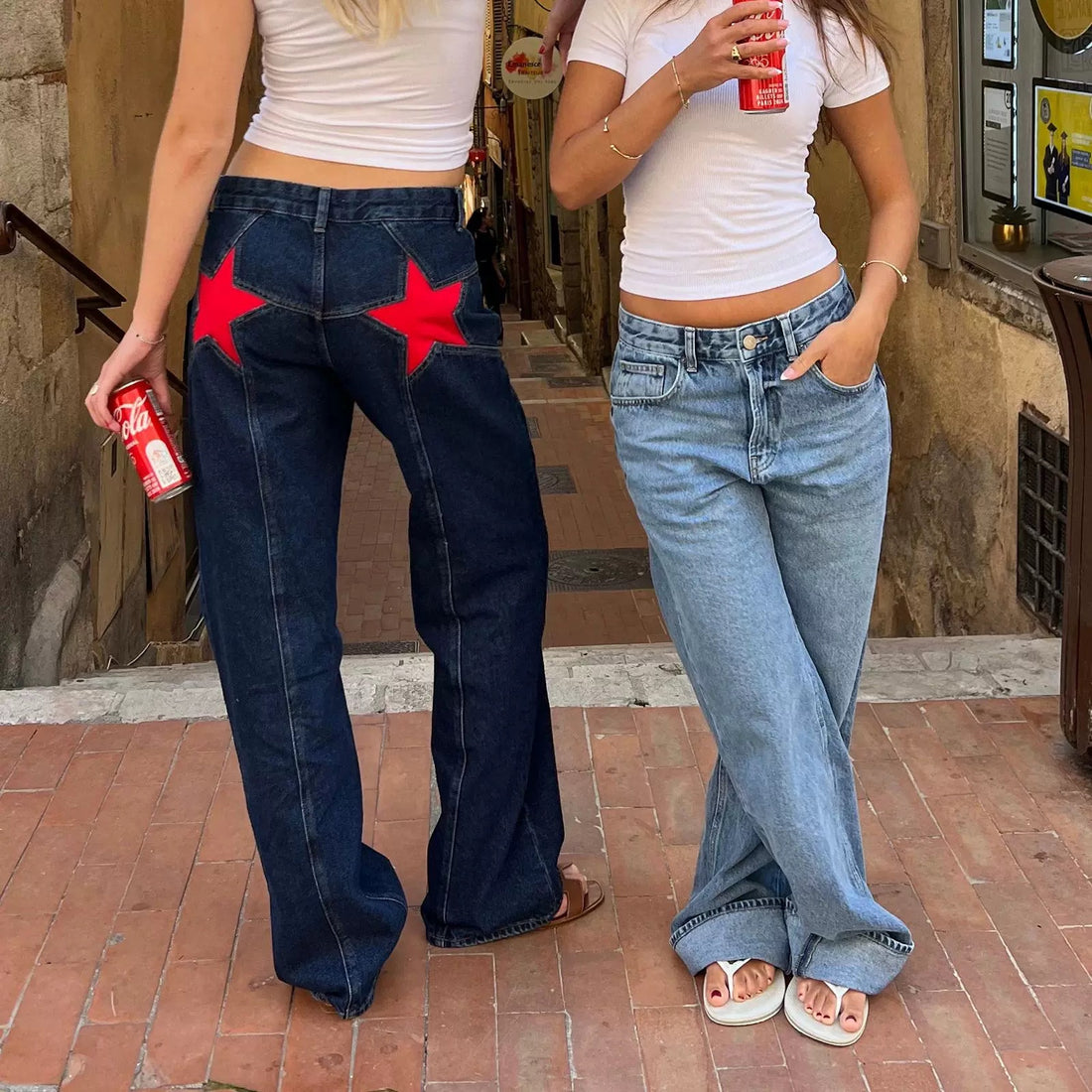 American Star Retro Jeans, vintage Y2K star print baggy denim with a loose fit, low-waist cut, and wide-leg design for a stylish retro streetwear look