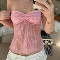 Y2K-inspired strapless lace corset top with backless tie-up detail for a trendy coquette aesthetic look