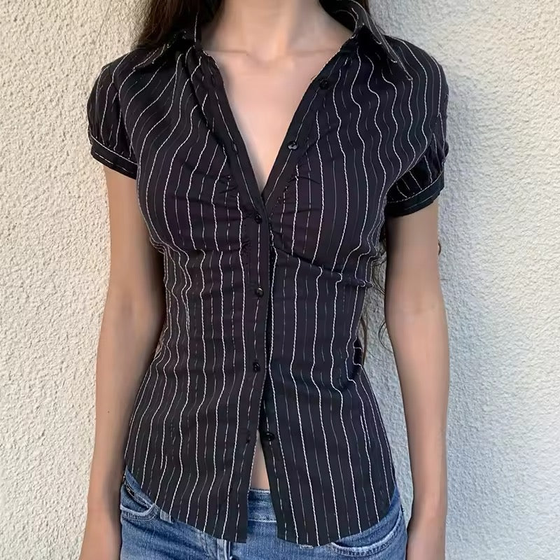 Y2K striped button-up blouse with a vintage-inspired slim fit design