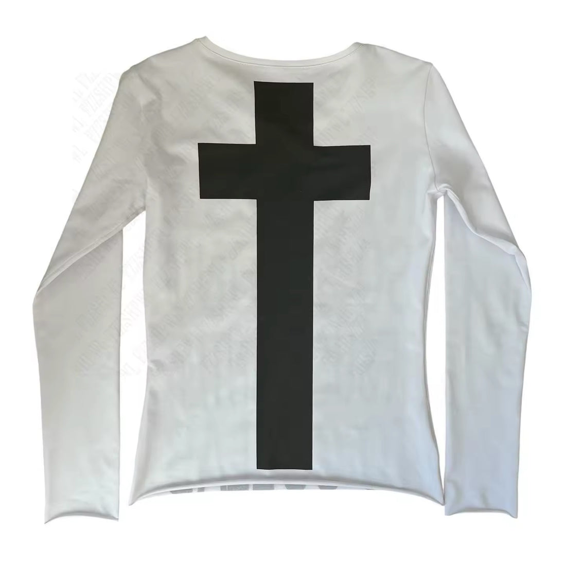 Y2K goth long sleeve shirt with bold lettering and cross graphic on the back