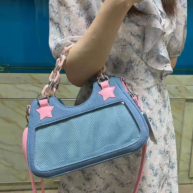 Dark denim Y2K tote with metal chain and pastel accents