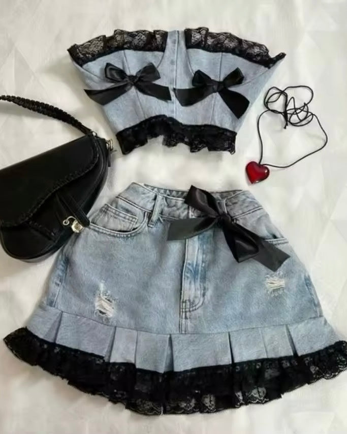 y2k coquette denim set with red lace and bow