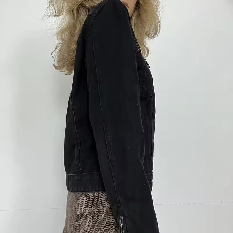 Y2K denim jacket with double zipper front in black