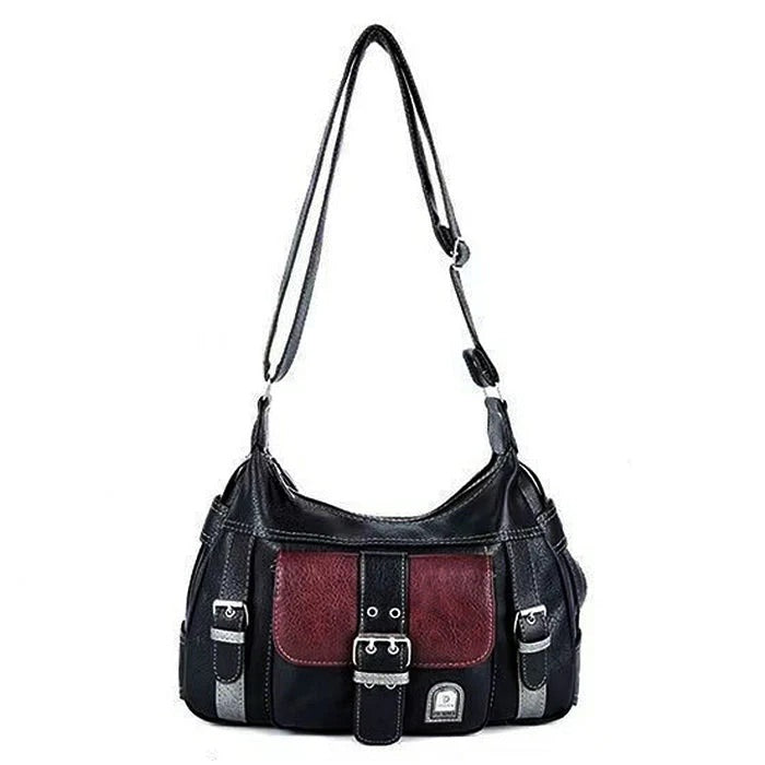Vintage Y2K leather shoulder bag with buckles in black and red