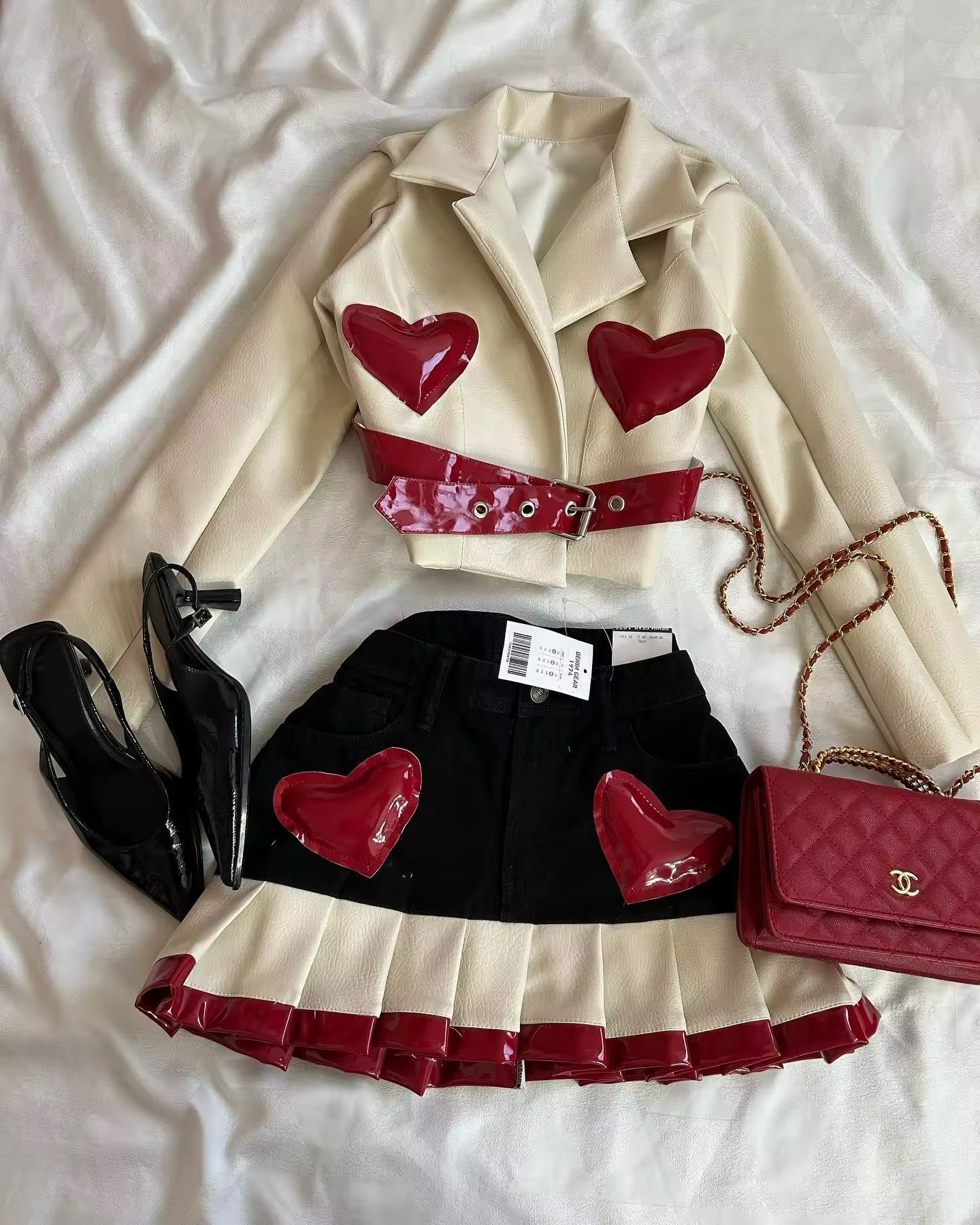 cream jacket and black skirt two piece y2k set