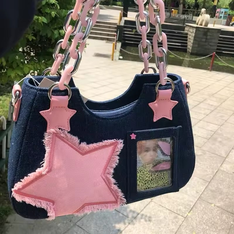 Denim Y2K shoulder bag with pink chain and star patch